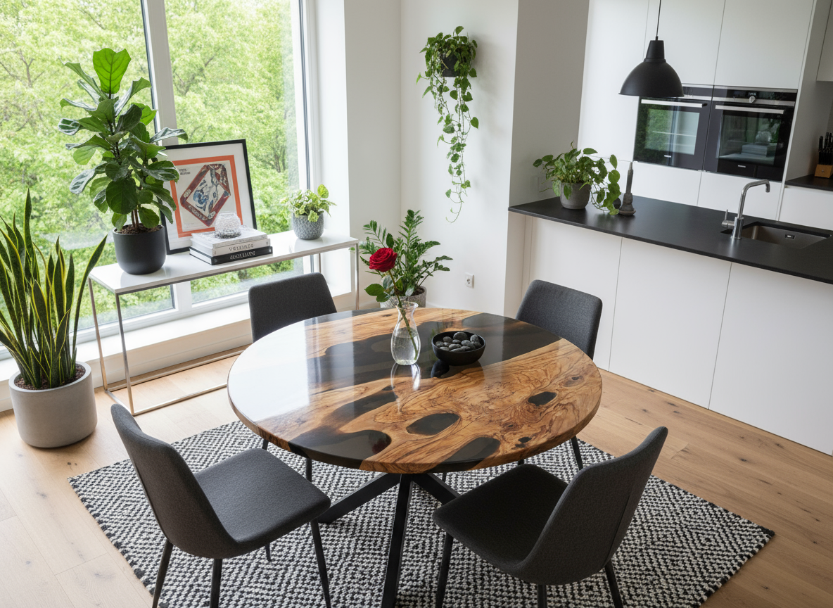 Italian Olive Wood Epoxy Resin Round Table | Handmade Luxury Furniture
