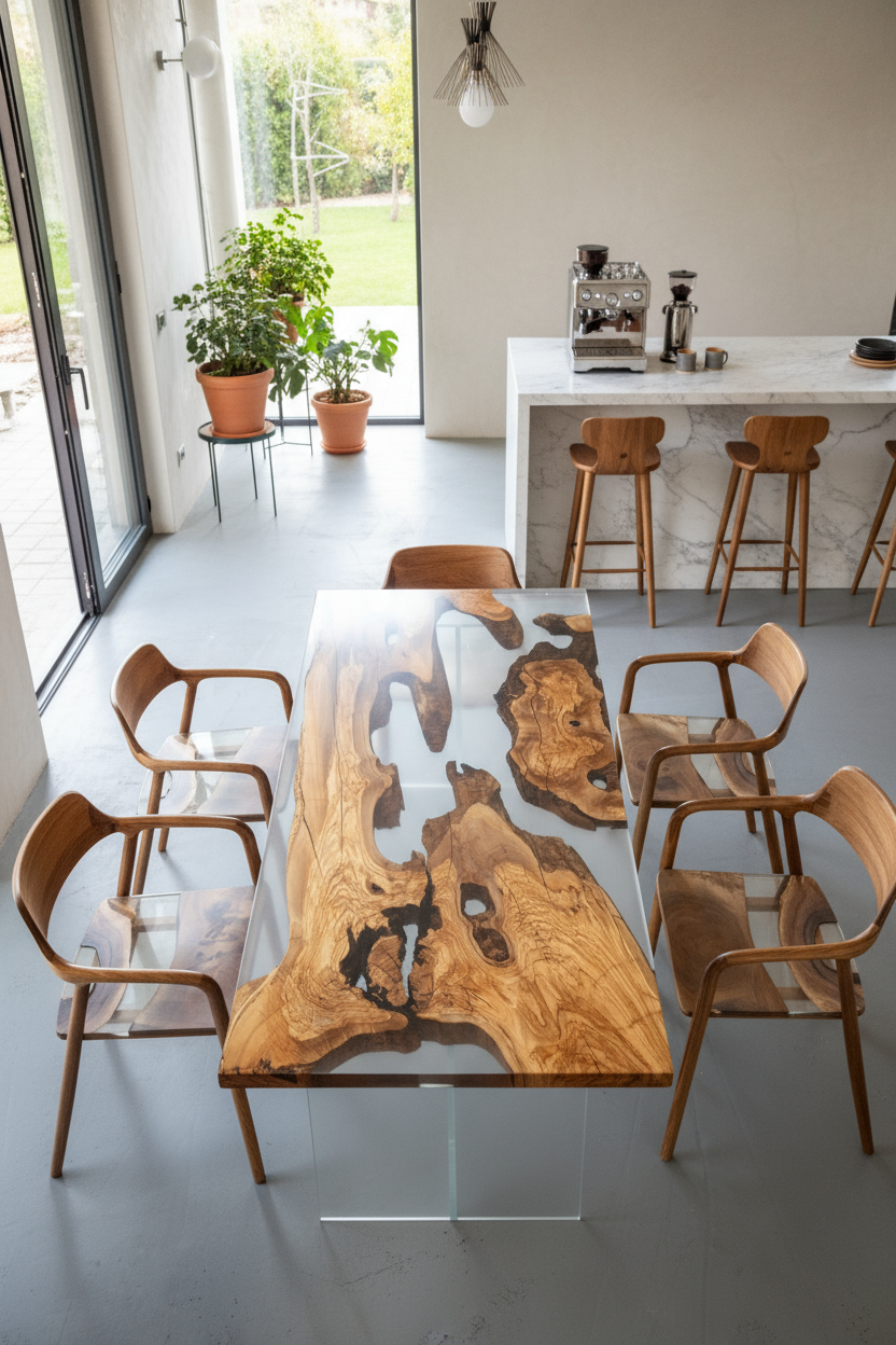 Italian Olive Wood Epoxy Resin Dining Table | Unique Artisan Furniture
