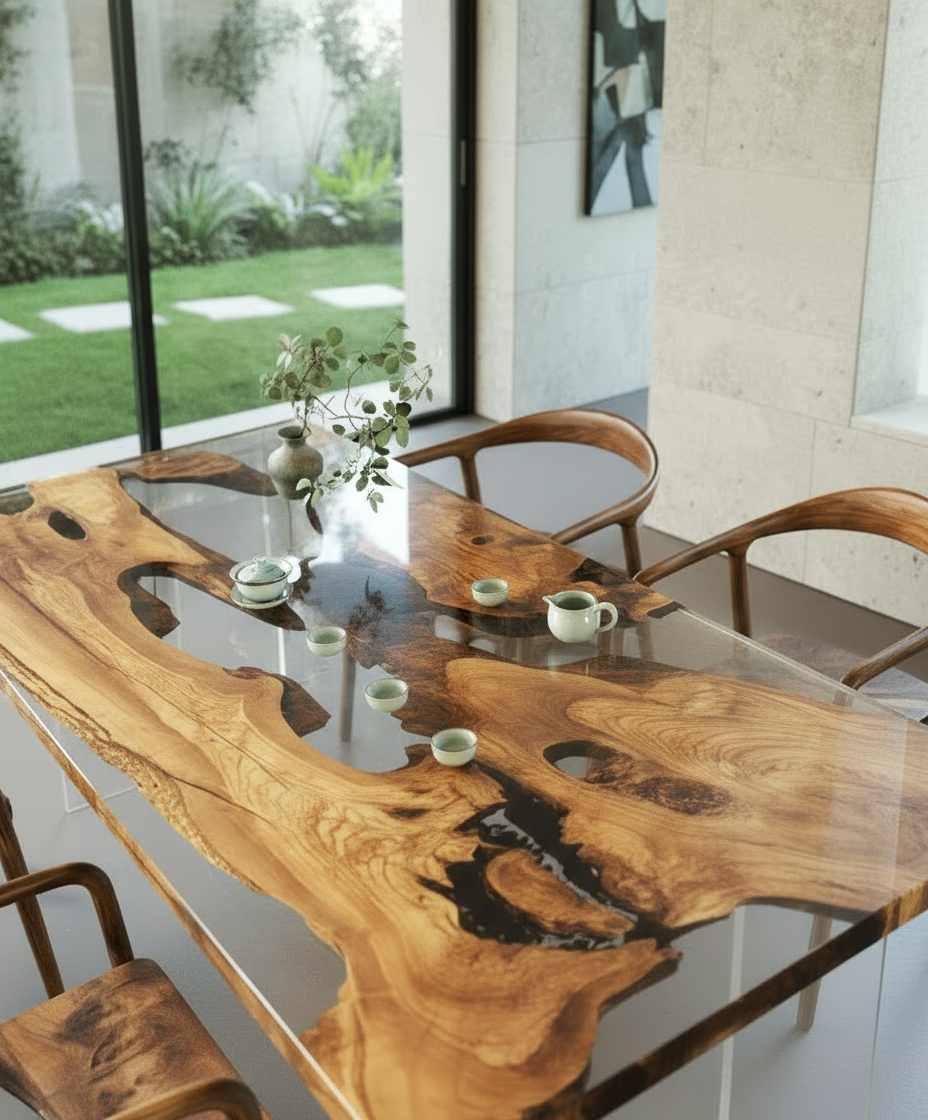 Italian Olive Wood Epoxy Resin Dining Table | Unique Artisan Furniture