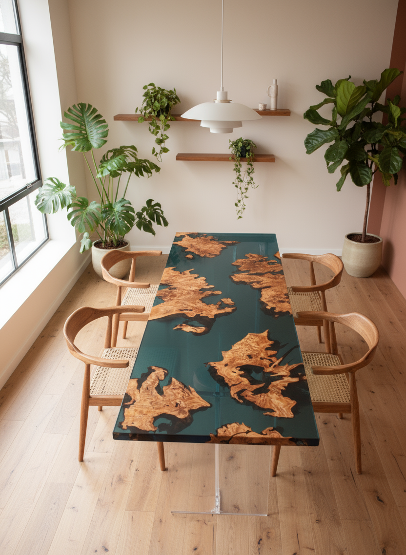Burr Oak Epoxy Resin Dining Table | Handmade Furniture Design
