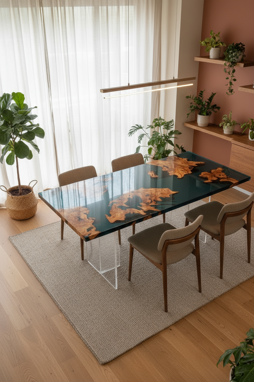 Burr Oak Epoxy Resin Dining Table | Handmade Furniture Design