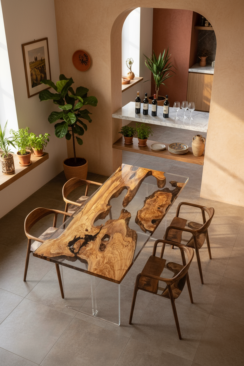 Italian Olive Wood Epoxy Resin Dining Table | Unique Artisan Furniture