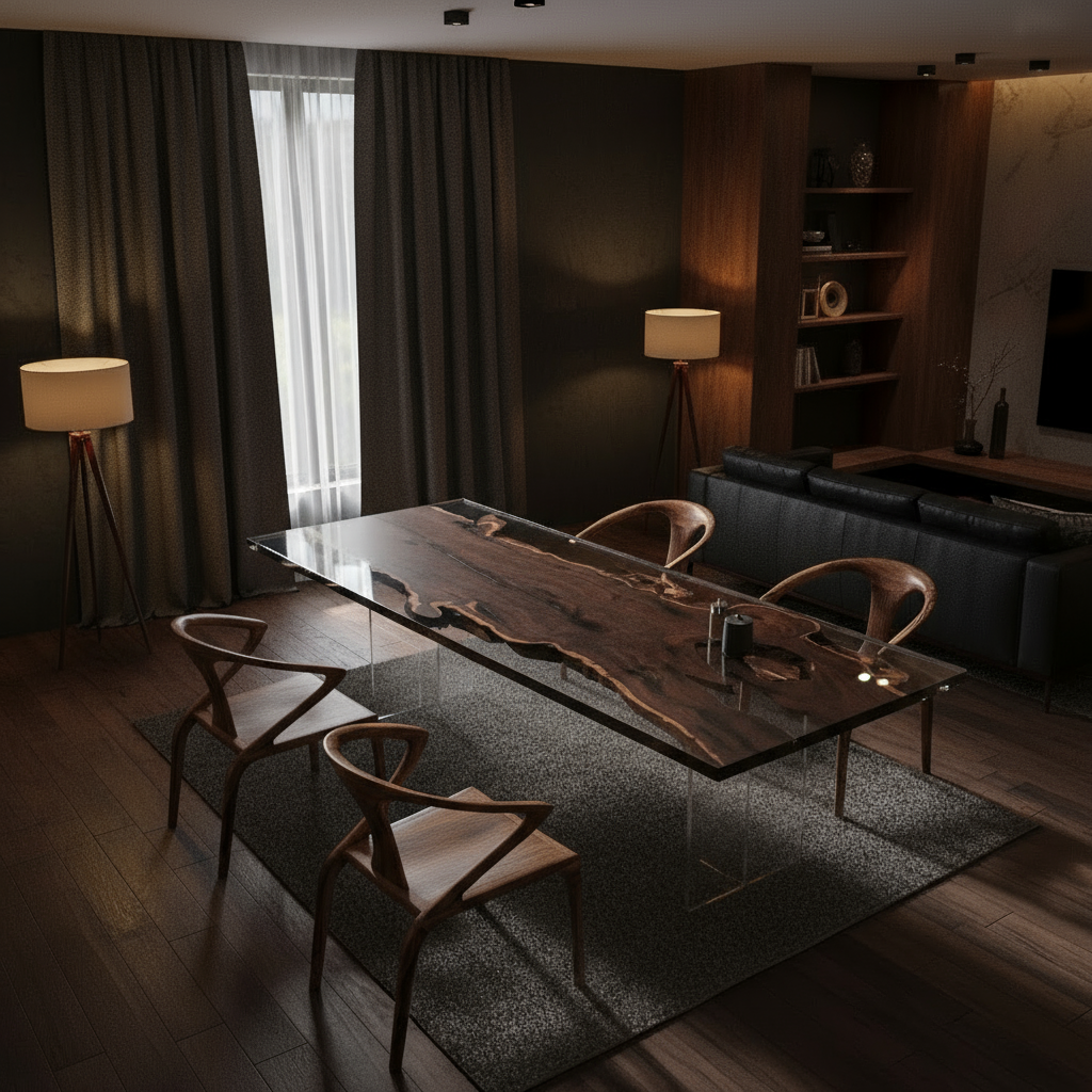 Ebony Wood Epoxy Resin Dining Table | Modern Custom Wood Craftsmanship