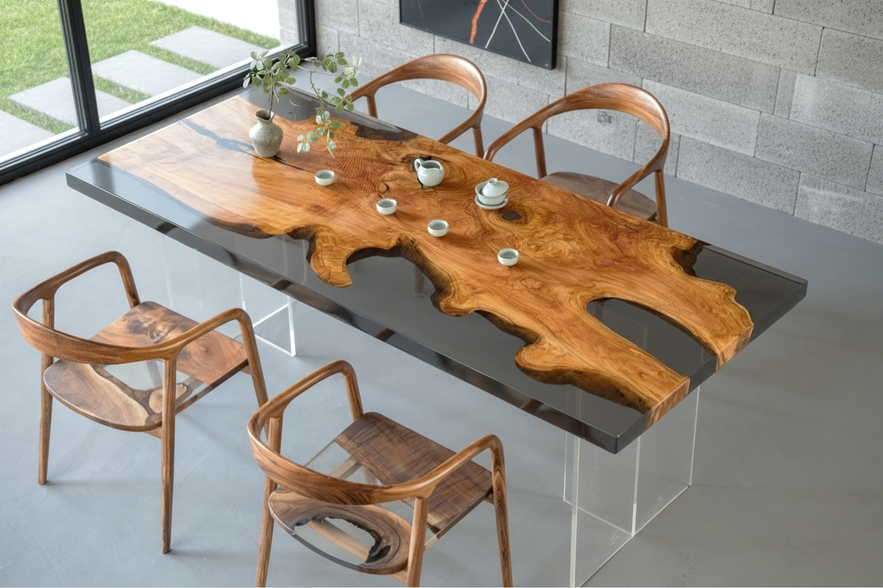 Italian Olive Wood Epoxy Resin Dining Table | Unique Artisan Furniture
