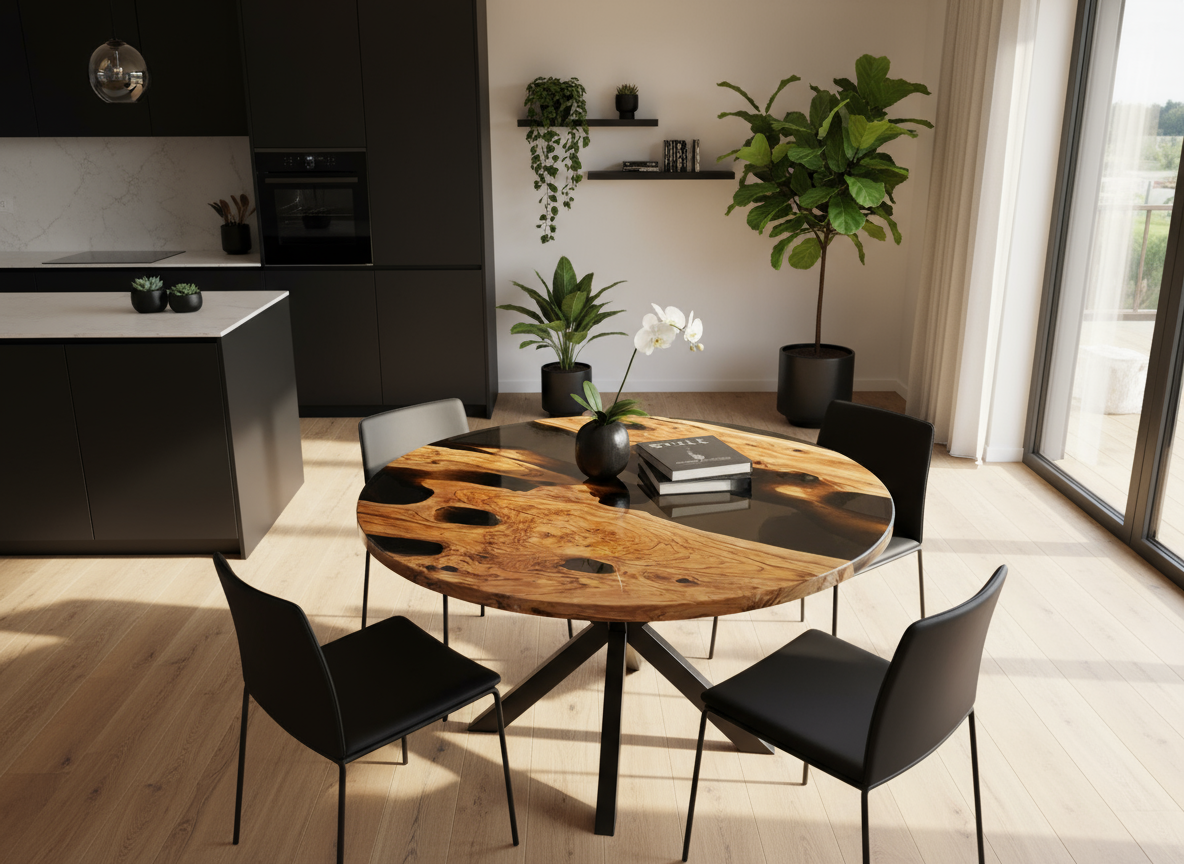 Italian Olive Wood Epoxy Resin Round Table | Handmade Luxury Furniture