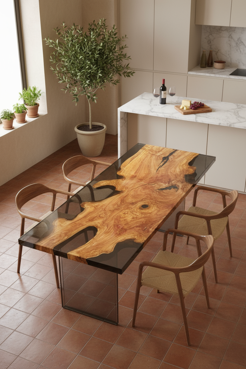 Italian Olive Wood Epoxy Resin Dining Table | Unique Artisan Furniture