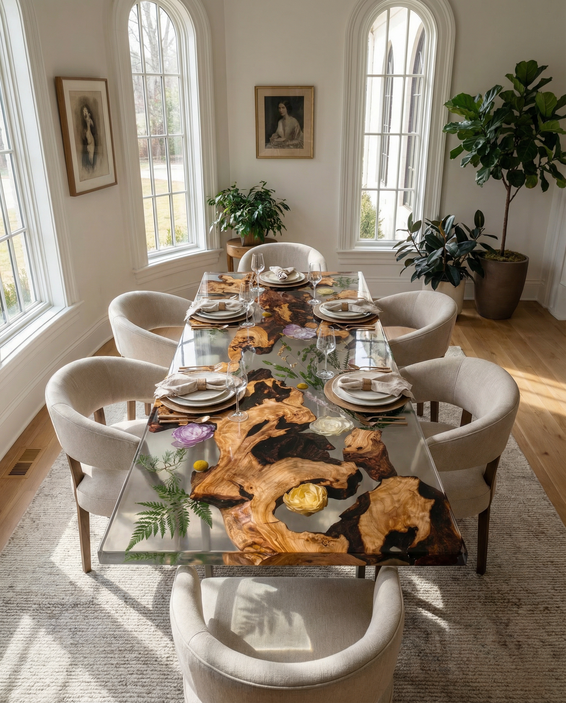 Burr Oak & Floral Epoxy Resin Dining Table | Handmade Furniture Elegance