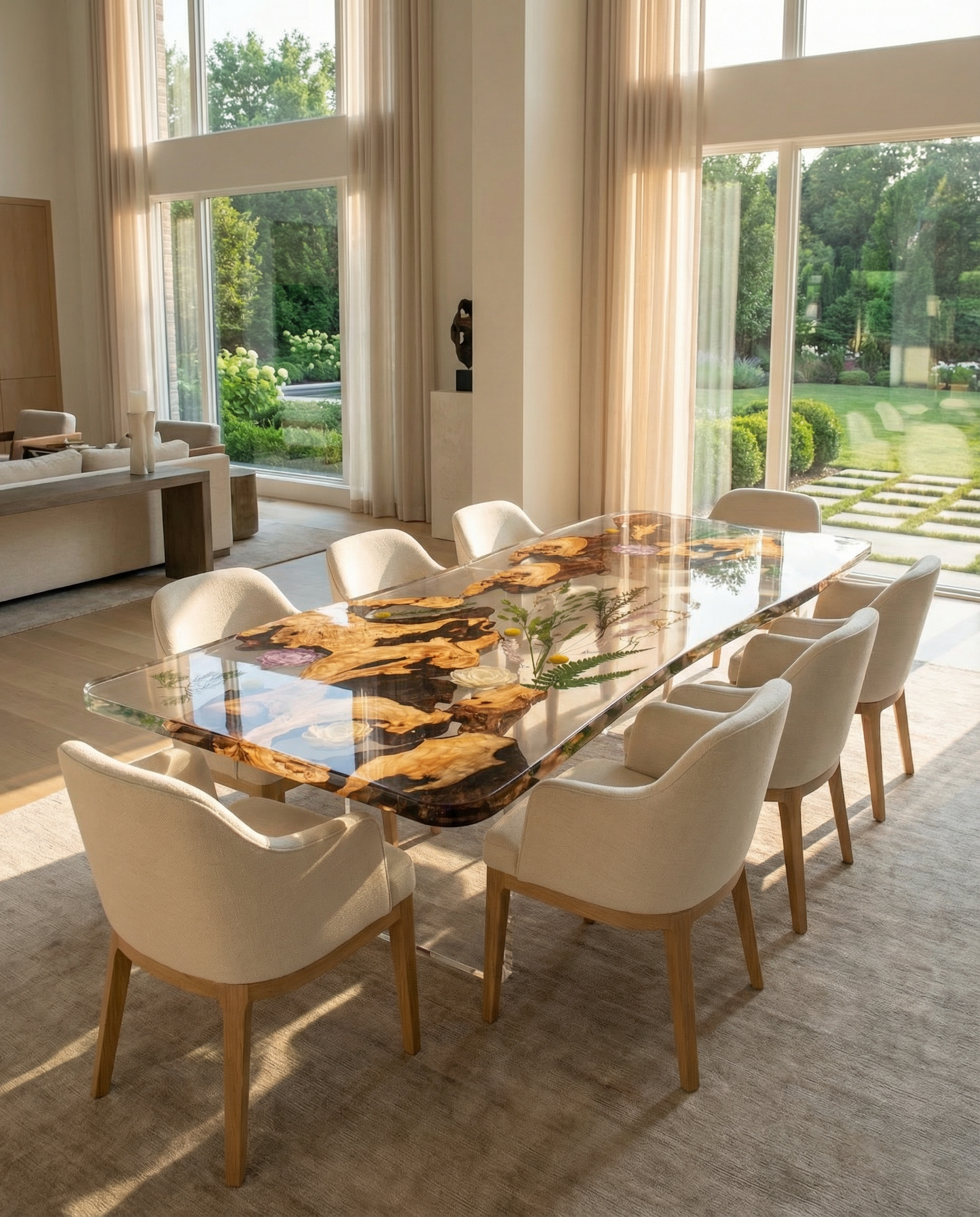 Burr Oak & Floral Epoxy Resin Dining Table | Handmade Furniture Elegance