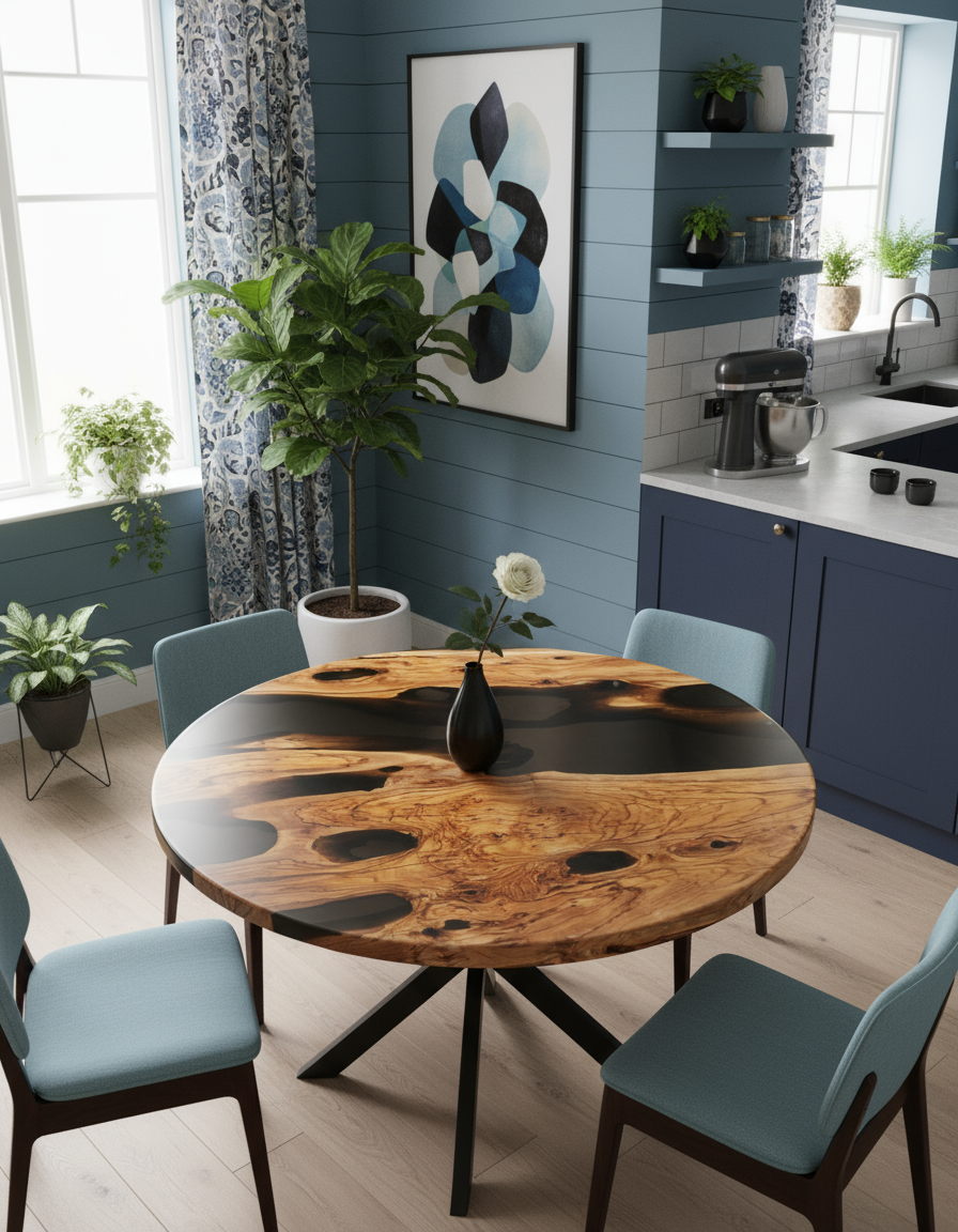 Italian Olive Wood Epoxy Resin Round Table | Handmade Luxury Furniture