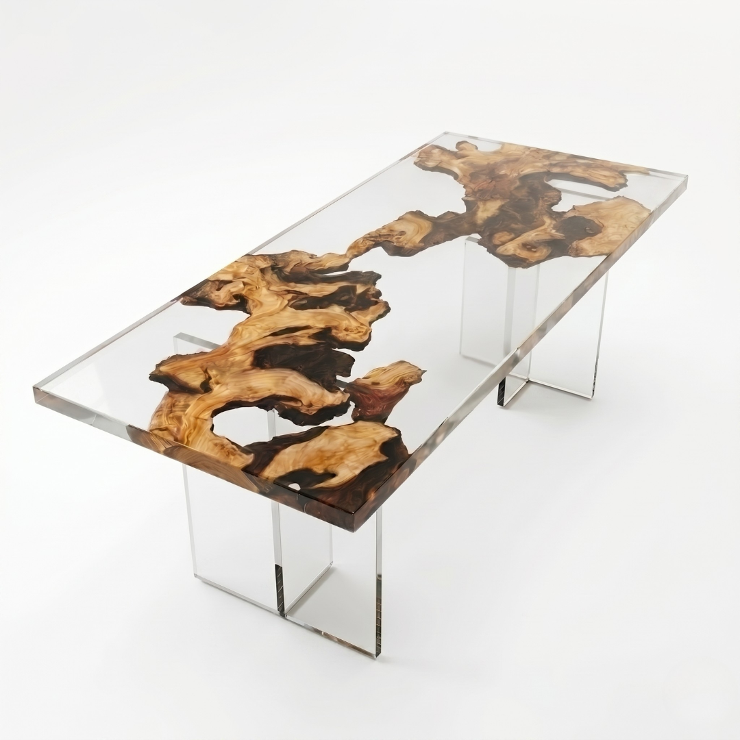 Burr Oak Clear Epoxy Wood Dining Table