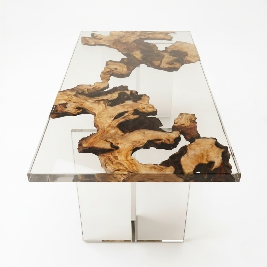Burr Oak Clear Epoxy Wood Dining Table