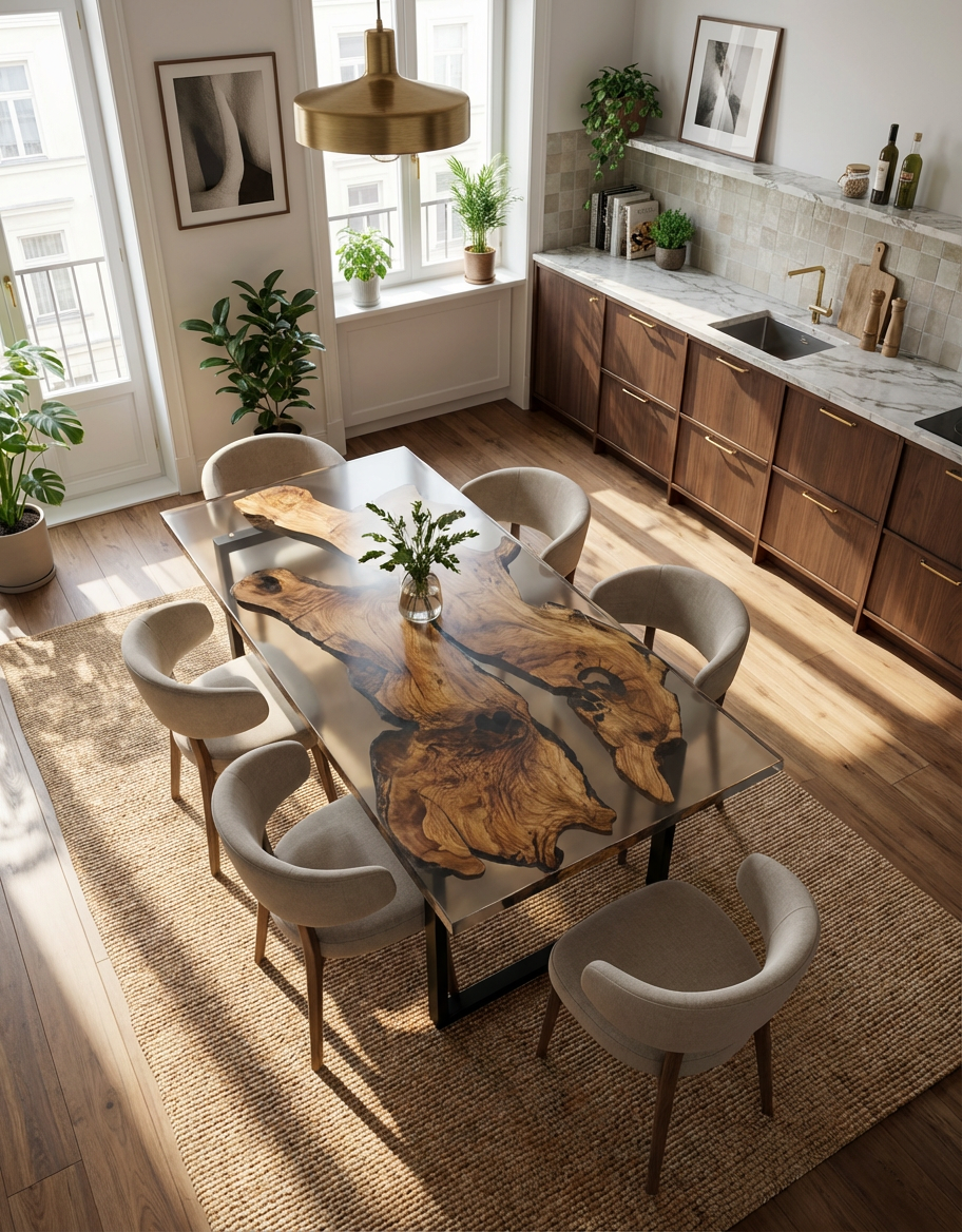 Italian Olive Wood Epoxy Resin Dining Table | Unique Artisan Furniture