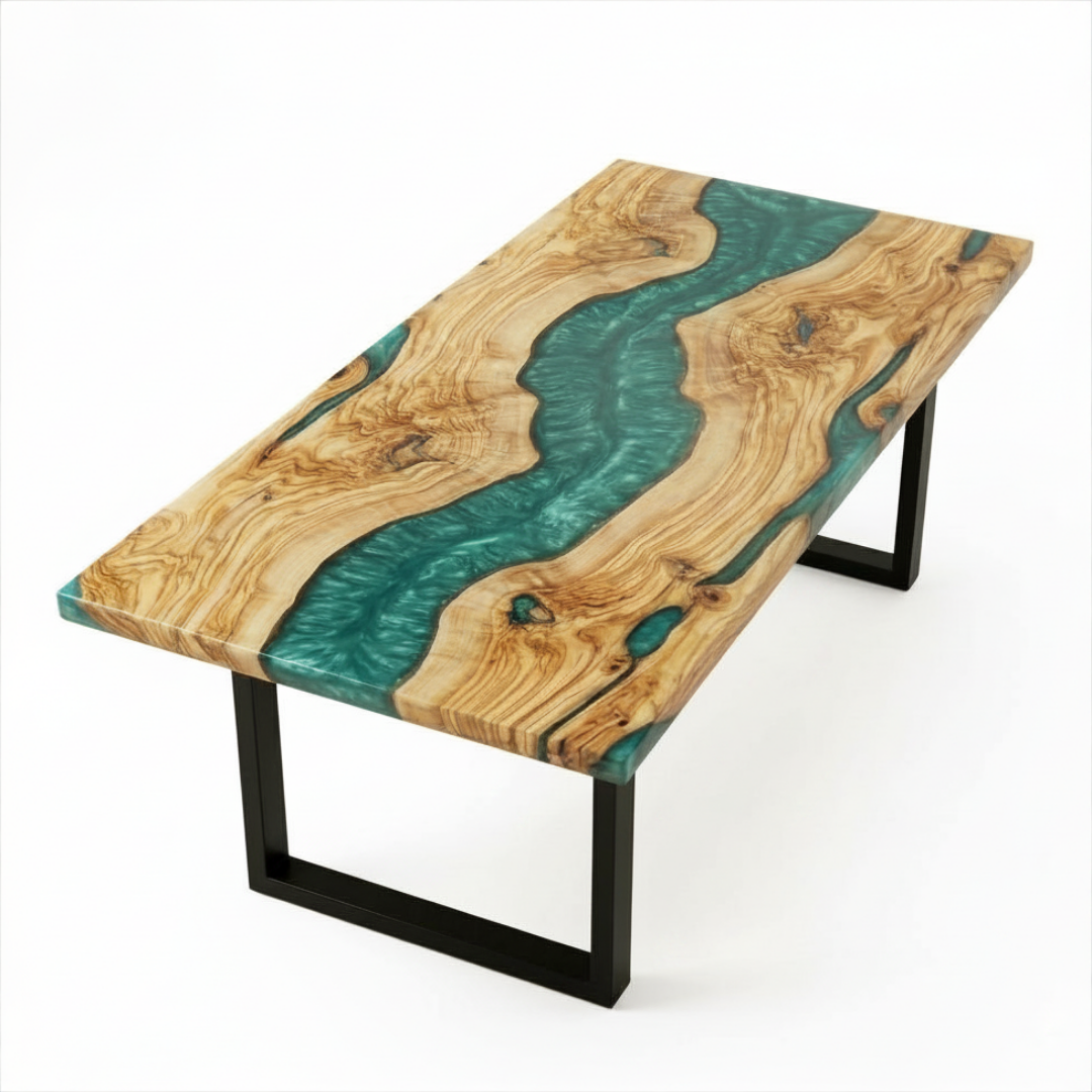 Olive Wood Emerald Mist Epoxy River Dining Table