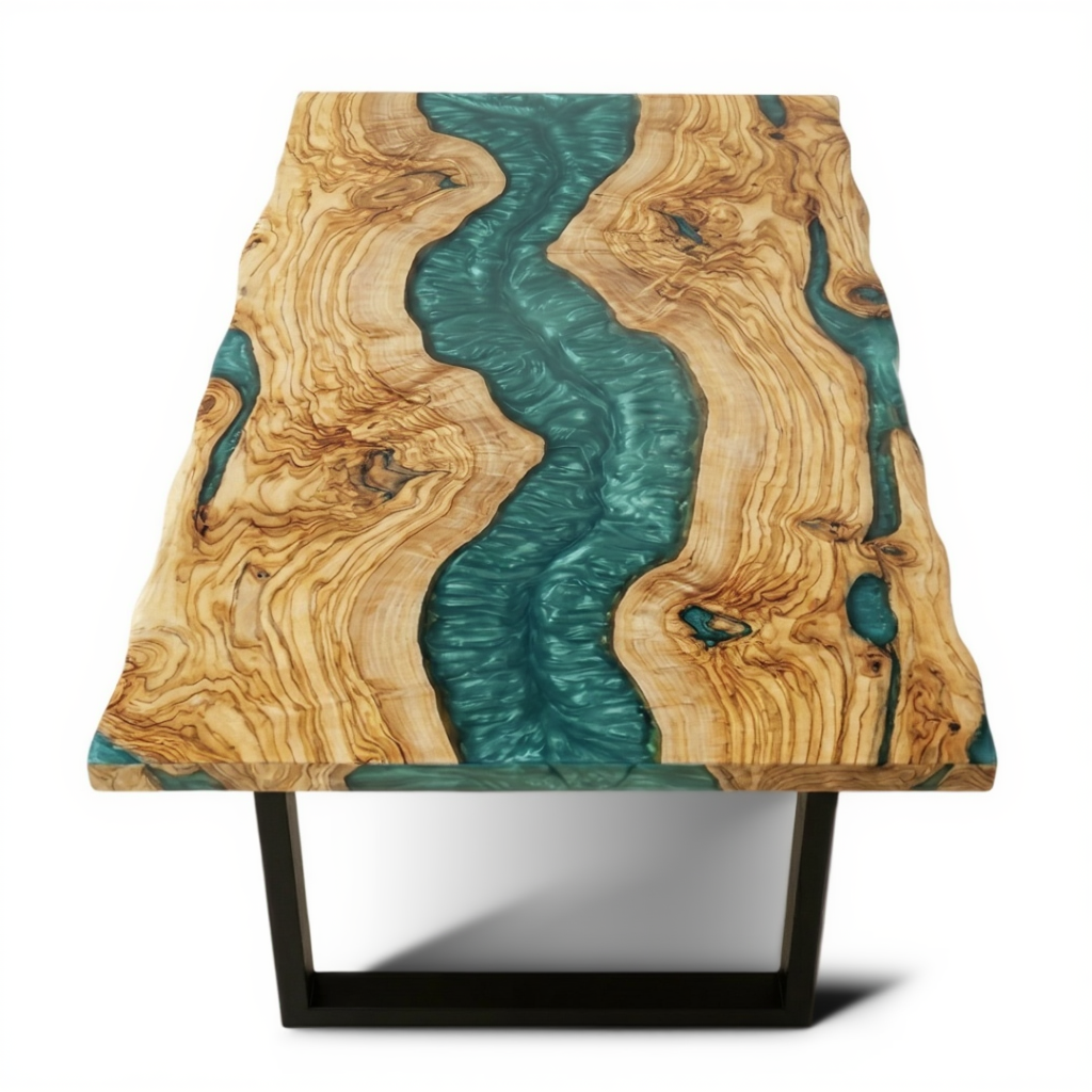 Olive Wood Emerald Mist Epoxy River Dining Table