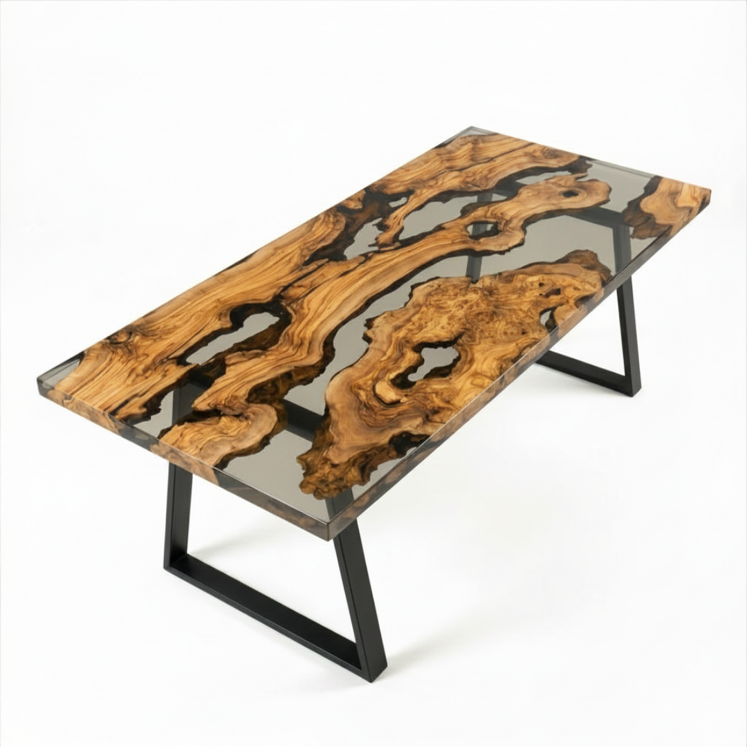 Light Grey Epoxy Olive Wood Dining Table