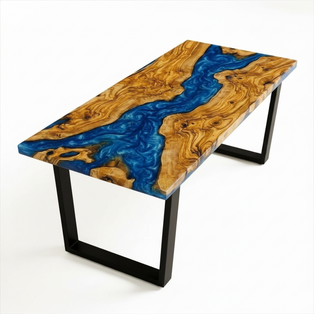 Olive Wood Blue Wave Epoxy River Dining Table