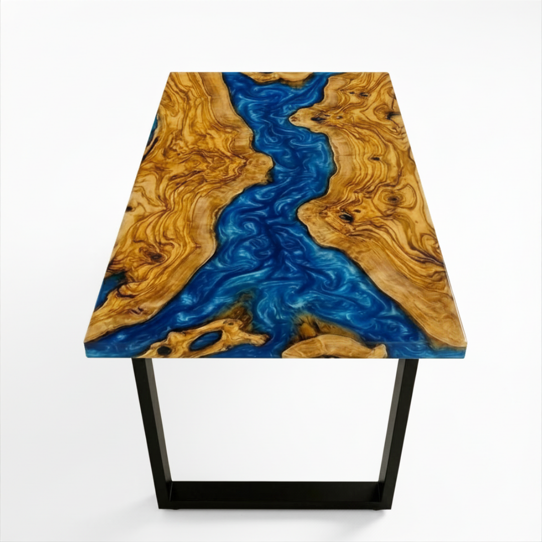 Olive Wood Blue Wave Epoxy River Dining Table