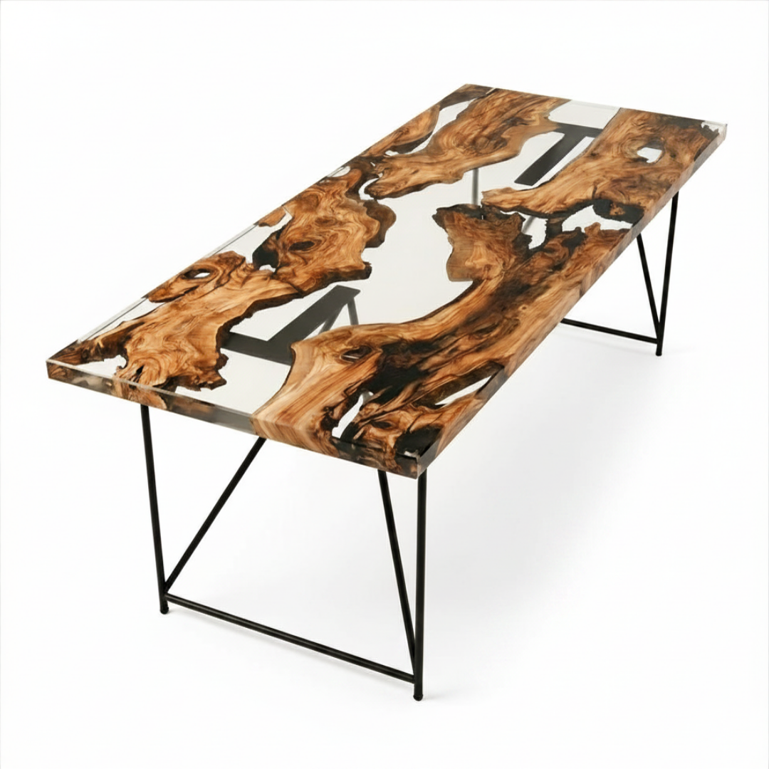 Clear Epoxy Olive Wood Dining Table, Mid-Century Tropical Style
