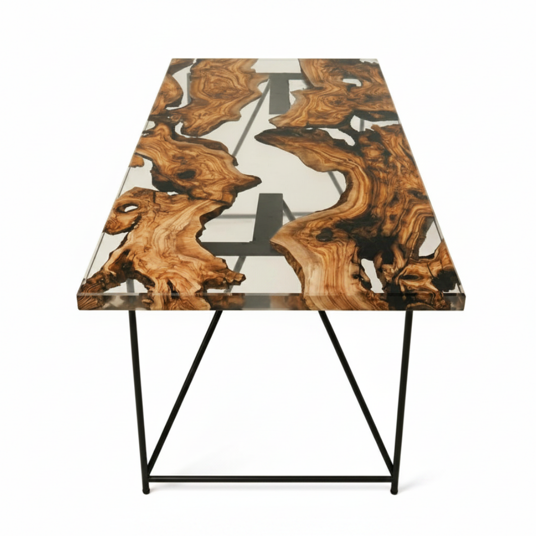 Clear Epoxy Olive Wood Dining Table, Mid-Century Tropical Style