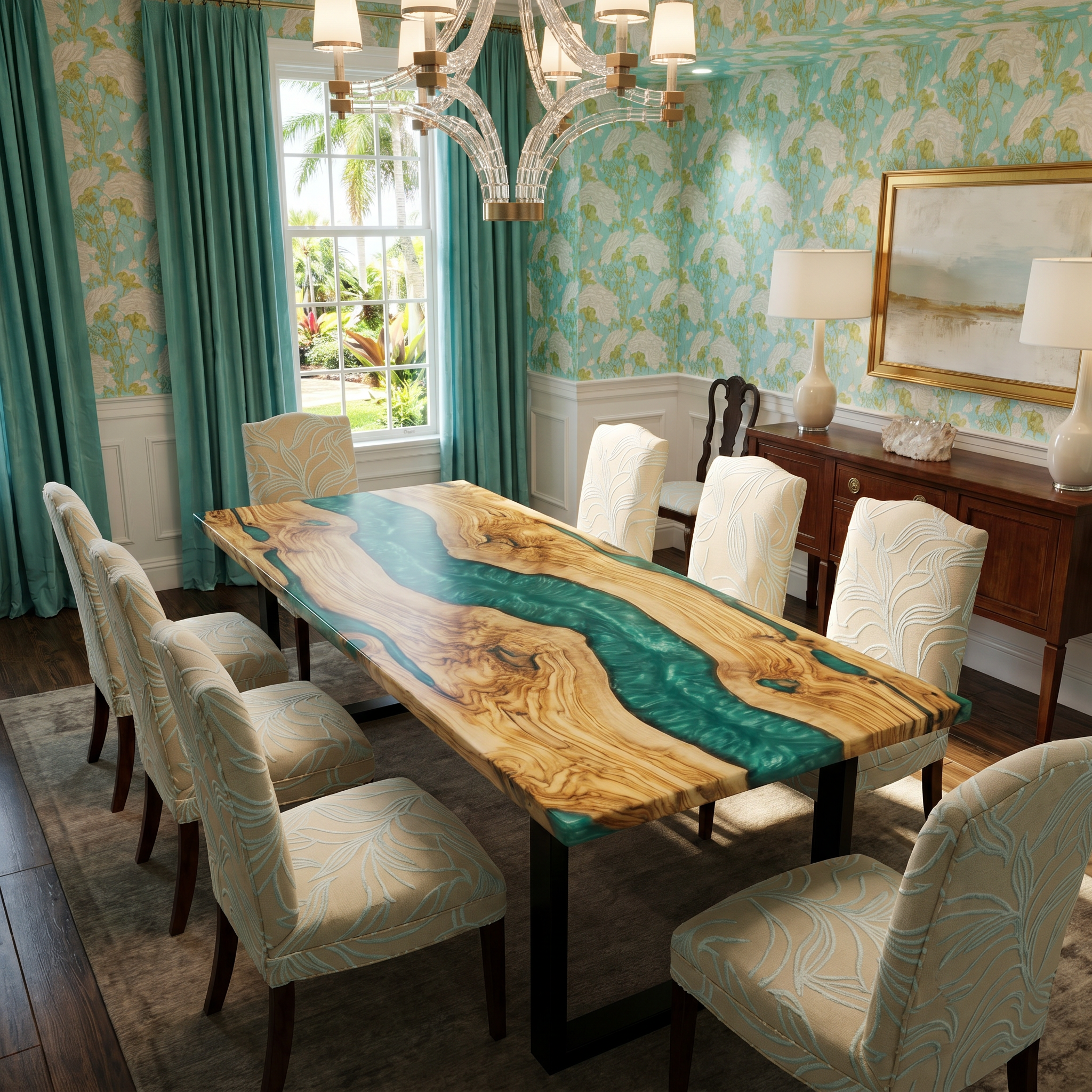 Olive Wood Emerald Mist Epoxy River Dining Table