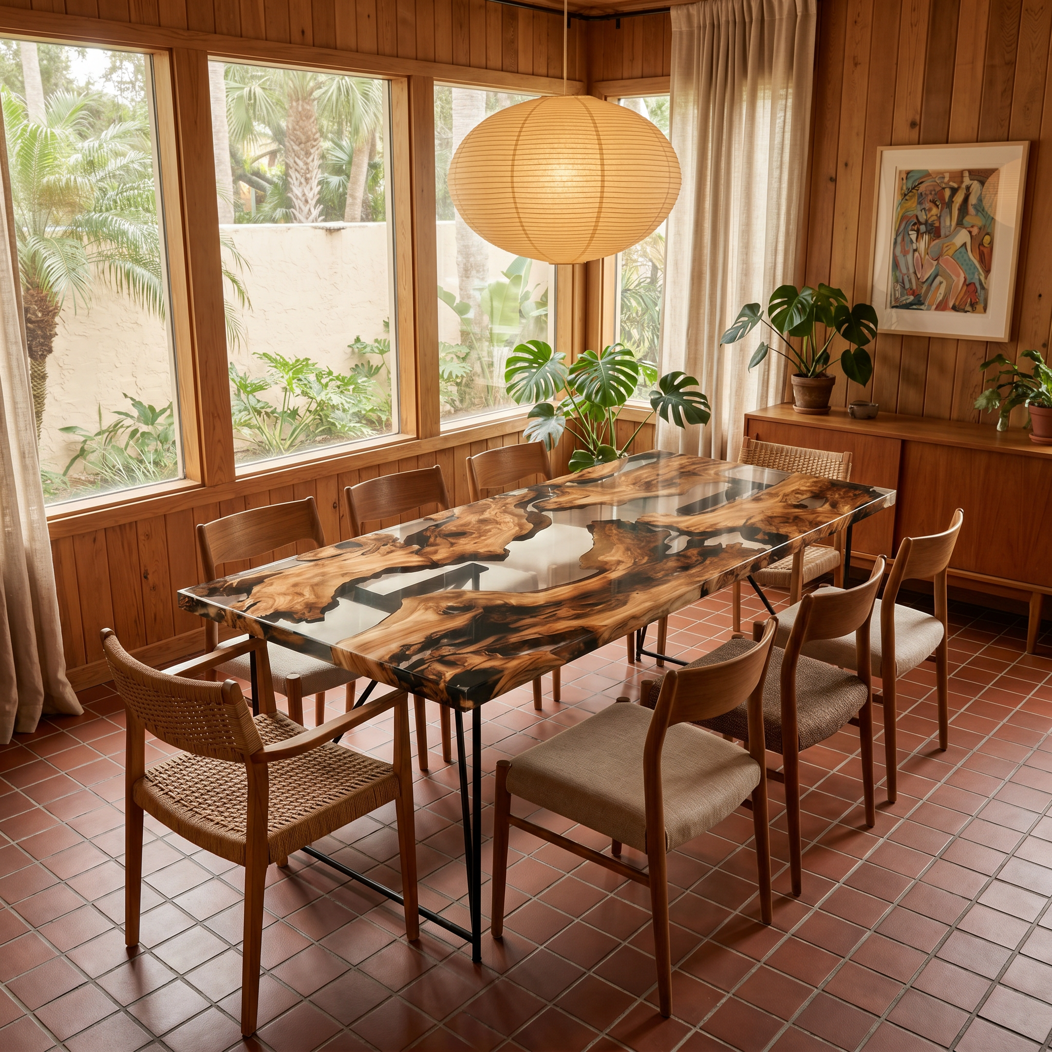 Clear Epoxy Olive Wood Dining Table, Mid-Century Tropical Style